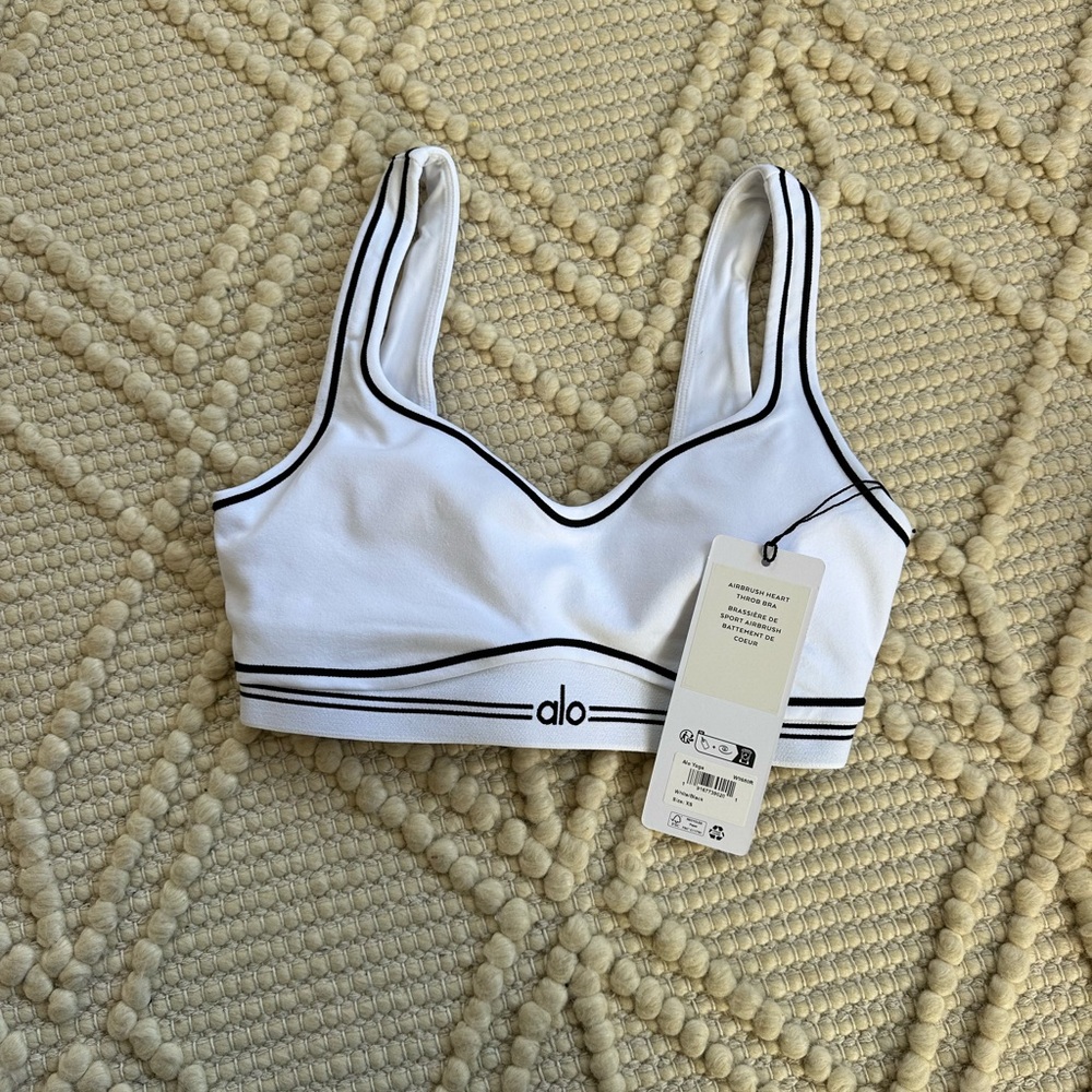 ALO Yoga Airbrush Heart Throb Bra in White with Black Accents